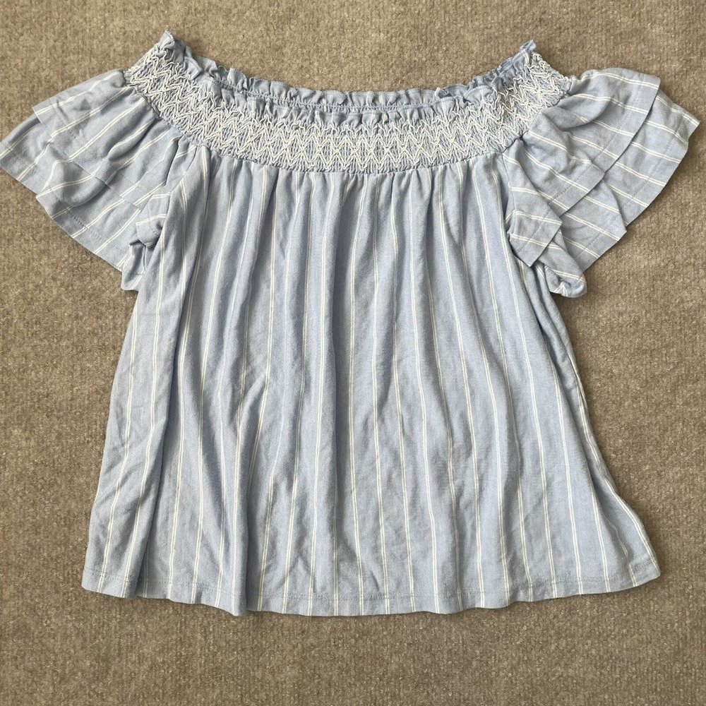 American Eagle Shirt Womens Medium Light Blue White Off Shoulder Casual Blouse